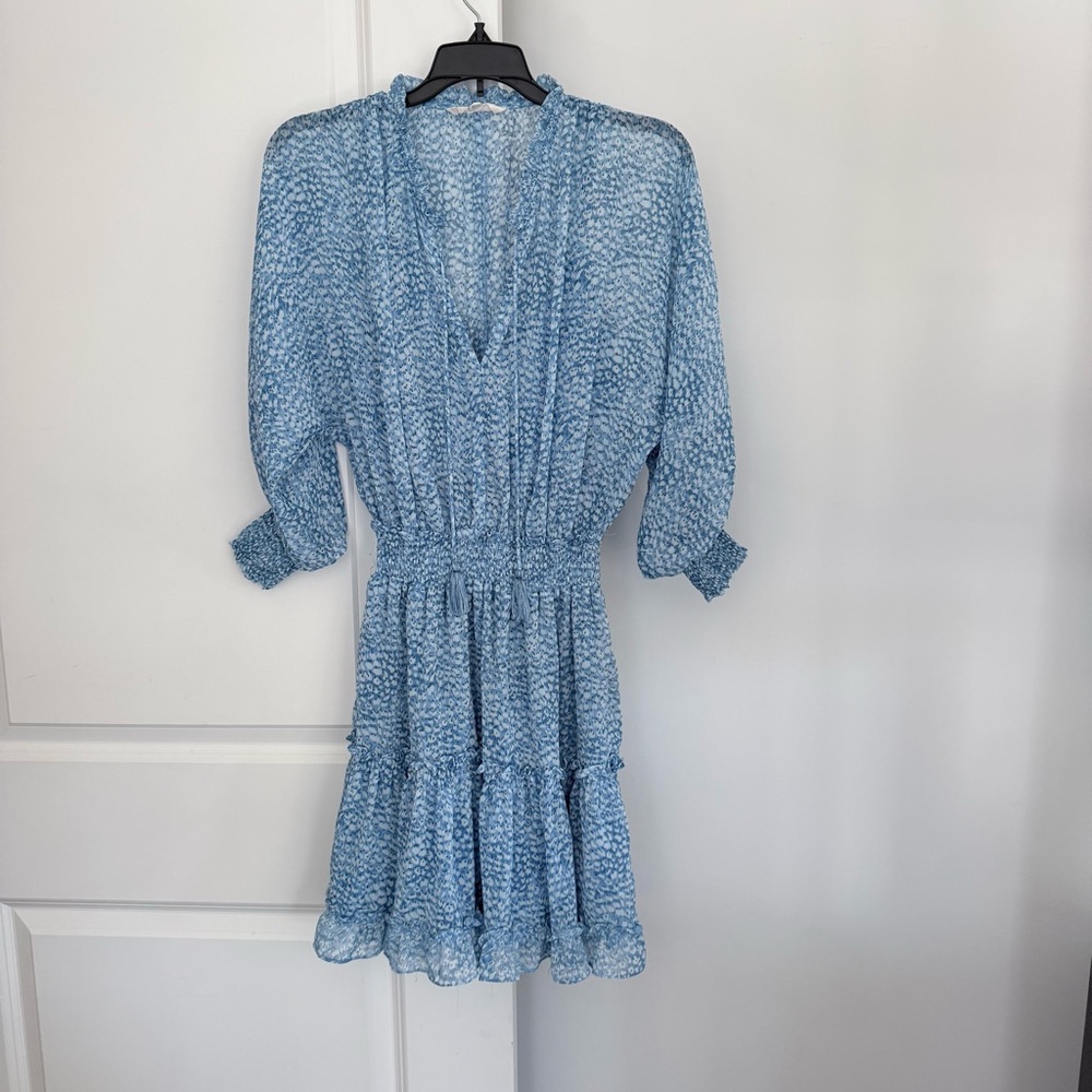 Lovestitch Sheer Floral Bishop Sleeve Ruffle Tier Mini Dress Light Blue Size S